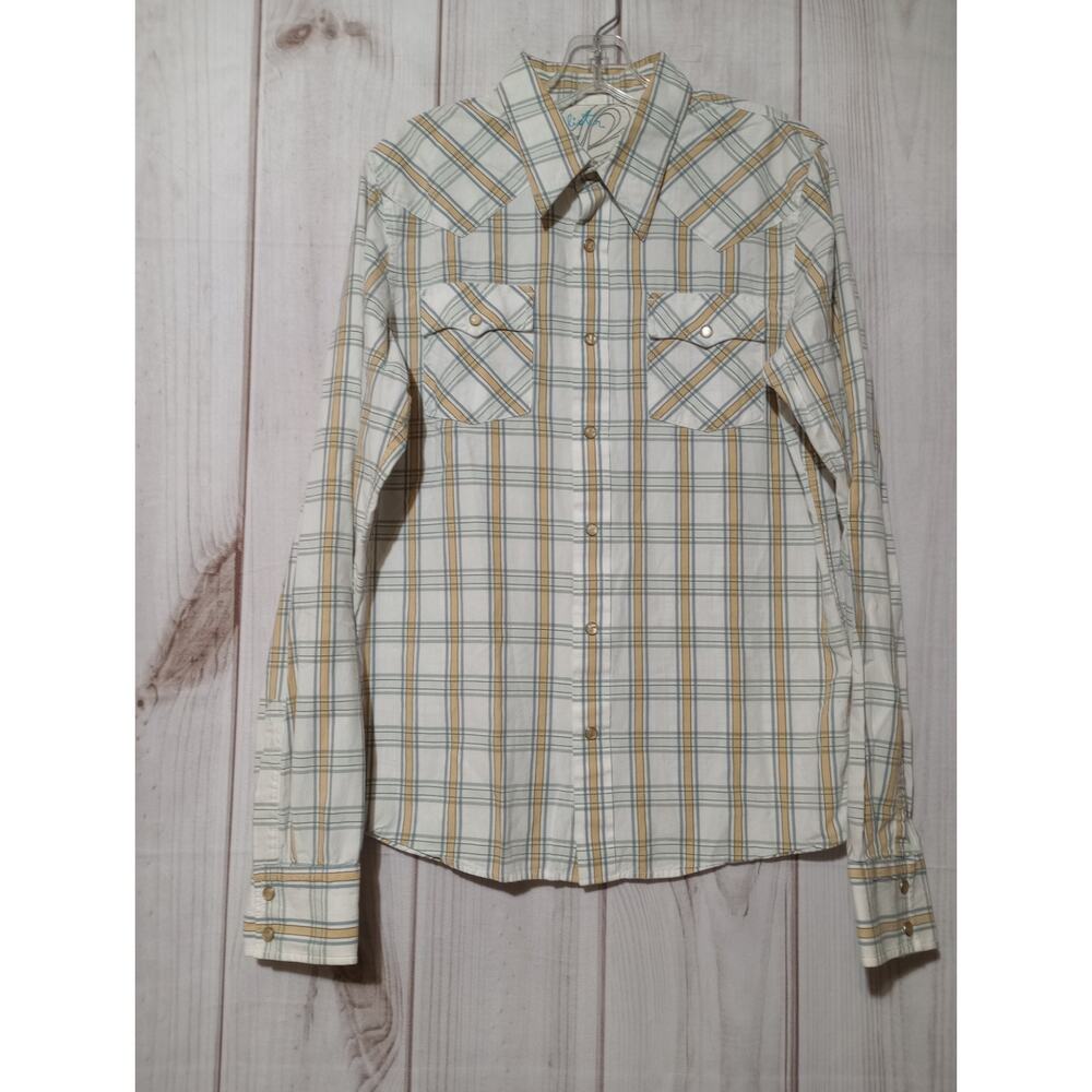Hollister Mens Plaid Western Pearl‎ Snap Shirt Long Sleeve Yellow White Medium